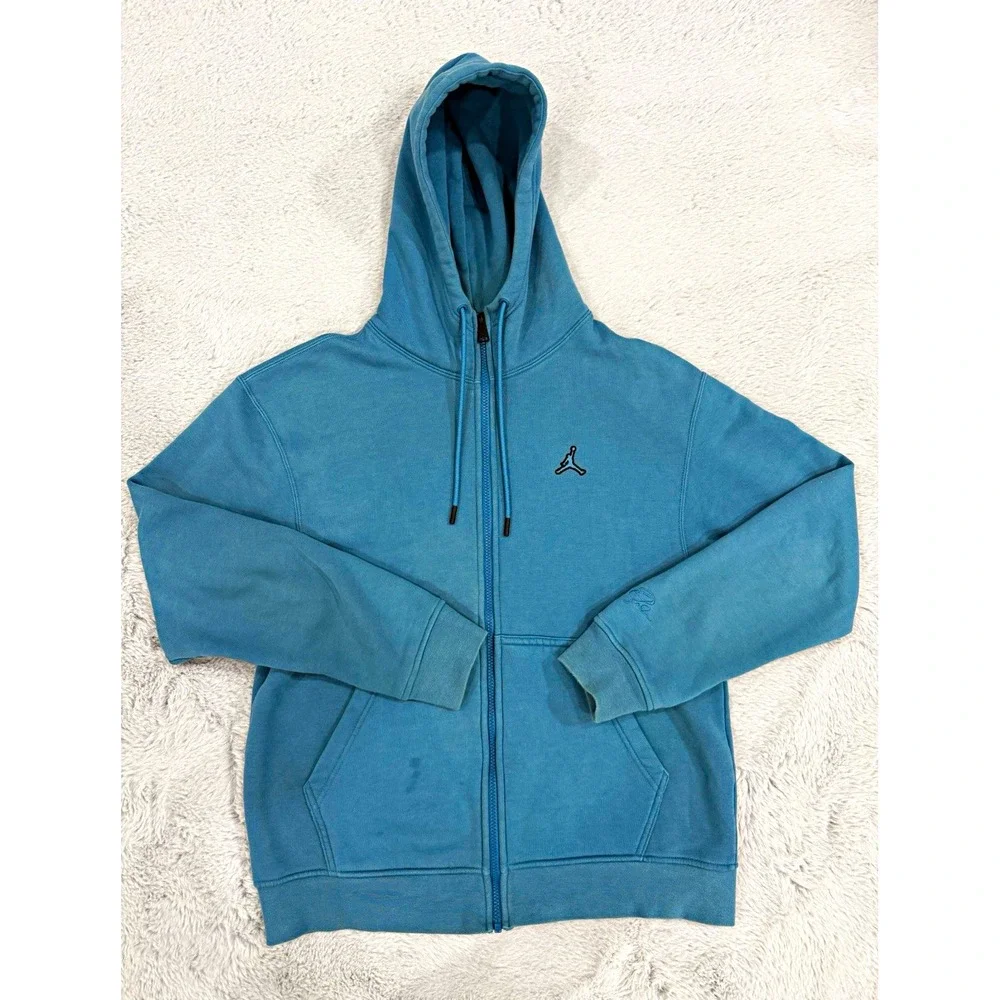 Jordan Blue Full Zip Fleece Hoodie Embroidered Logo Solid Men's Size Medium